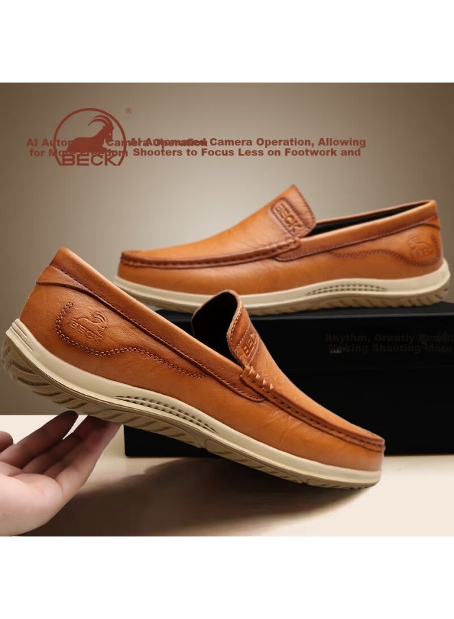 Gongyang Men's Loafers, Genuine Leather Slip-on Driving Shoes, Casual Leather Footwear, Brown, Size 38