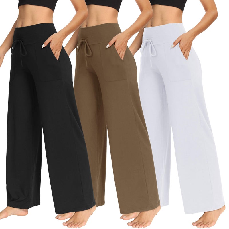 TNNZEET 3 Pack Women's Wide Leg Pants with Pockets - Casual Loose Yoga Trouser Pants Sweatpants Palazzo Lounge Pajama Pants - Image 1