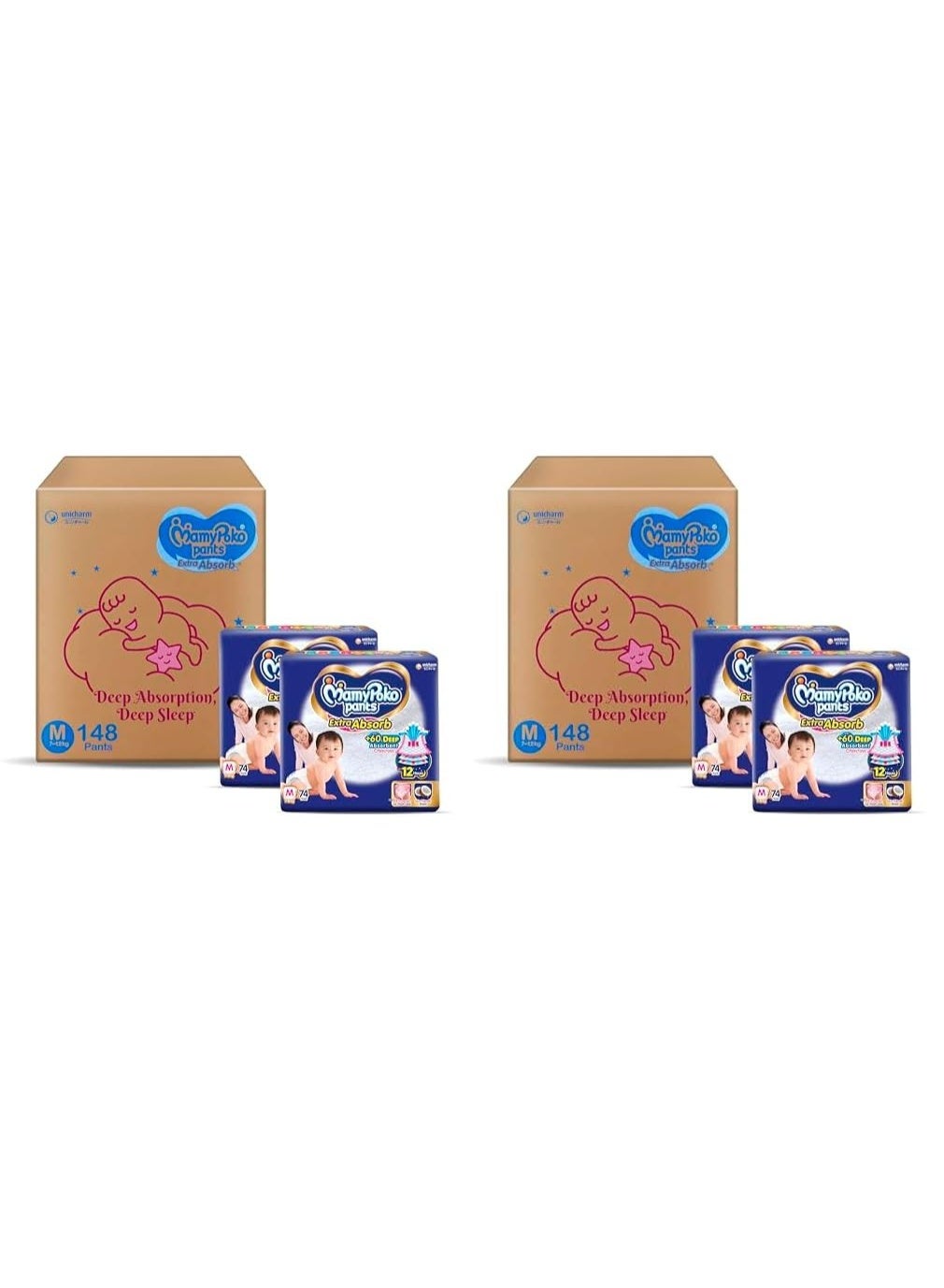 MamyPoko Pants Extra Absorb Baby Diapers, Medium (M), 148 Count, 7-12 kg (Pack of 2)
