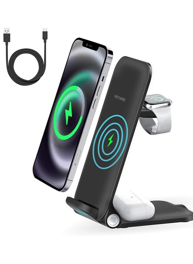 Wireless Charger, 3 in 1 Fast Wireless Charging, 15W Foldable Charging Stand Compatible for iWatch Series 7/6/5/4/3/2/SE,AirPods 3 Pro,iPhone 14/13/12/11/X/SE/8,Samsung Phones - Image 1