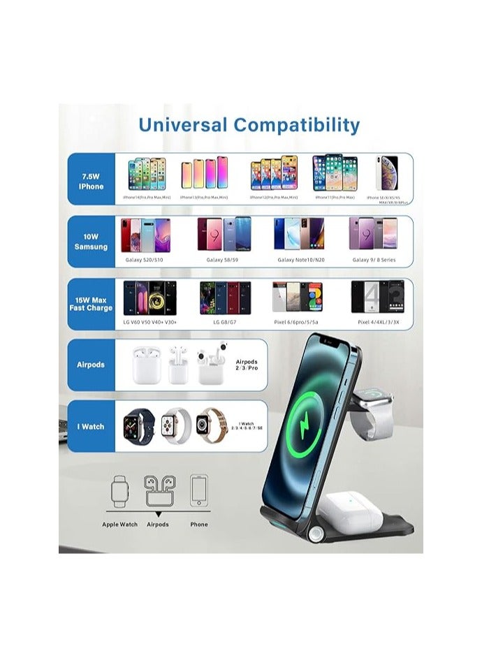 Wireless Charger, 3 in 1 Fast Wireless Charging, 15W Foldable Charging Stand Compatible for iWatch Series 7/6/5/4/3/2/SE,AirPods 3 Pro,iPhone 14/13/12/11/X/SE/8,Samsung Phones - Image 2