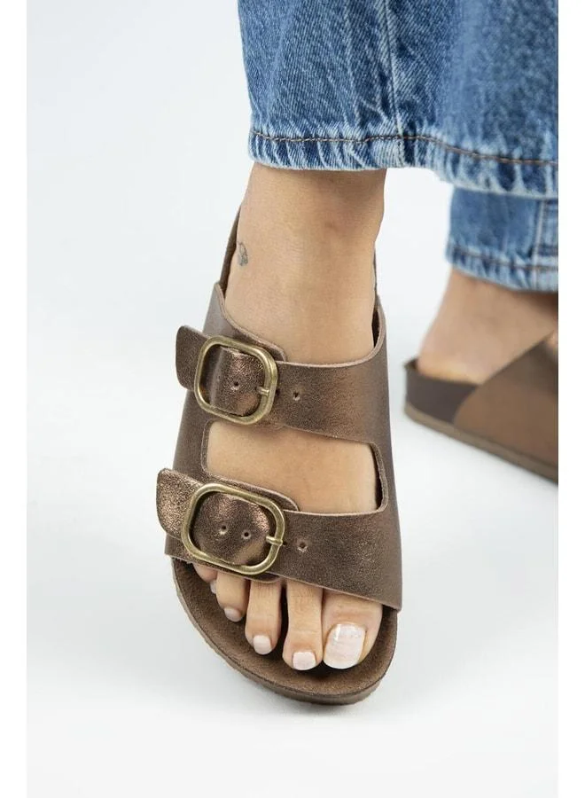 Jazmin Women's Genuine Leather Double Buckle Copper Slippers.