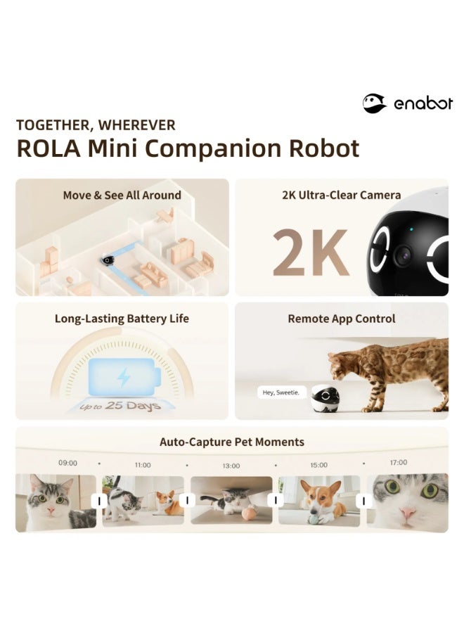 Enabot 2K Camera Robot, Movable Pet Camera, Night Vision, Battery-Powered with Phone App, Indoor Cam w/One-Touch Call, 2-Way Talk,  Motion Detection, Video Recording - Image 2