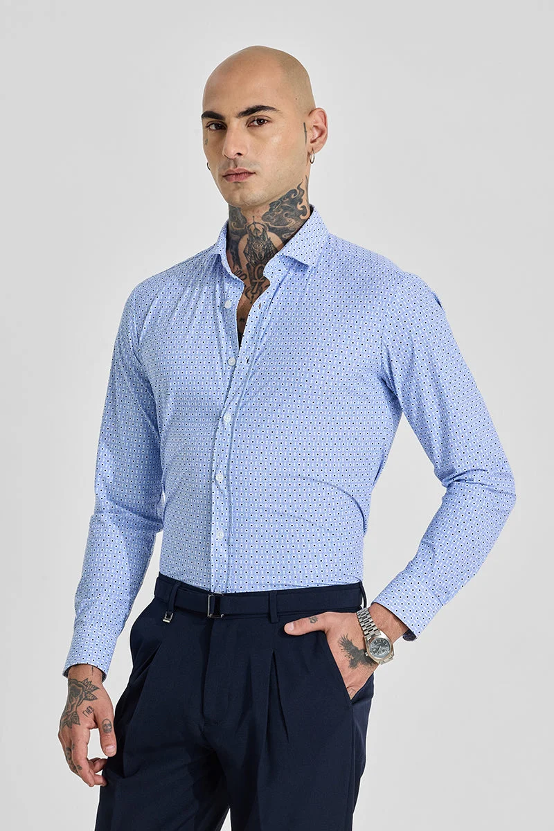 SNITCH Light Blue Geometric Long Sleeve Slim Fit Shirt