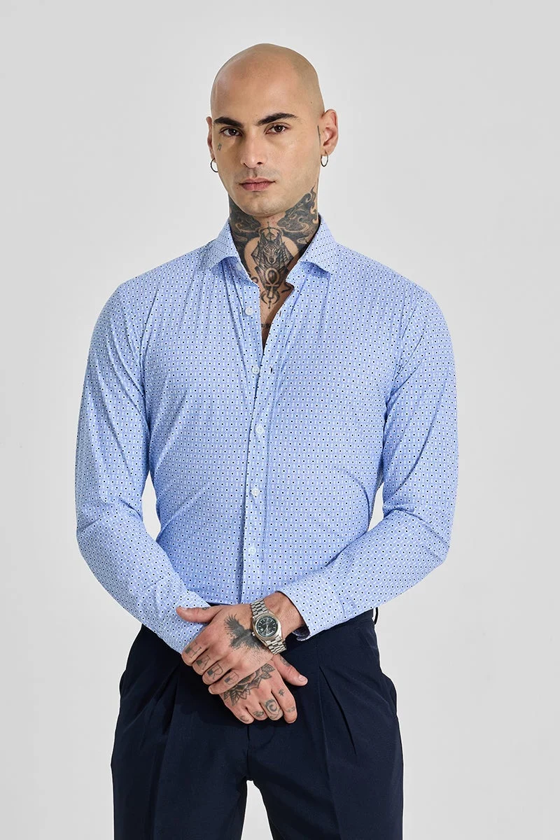 سنيتش Light Blue Geometric Long Sleeve Slim Fit Shirt