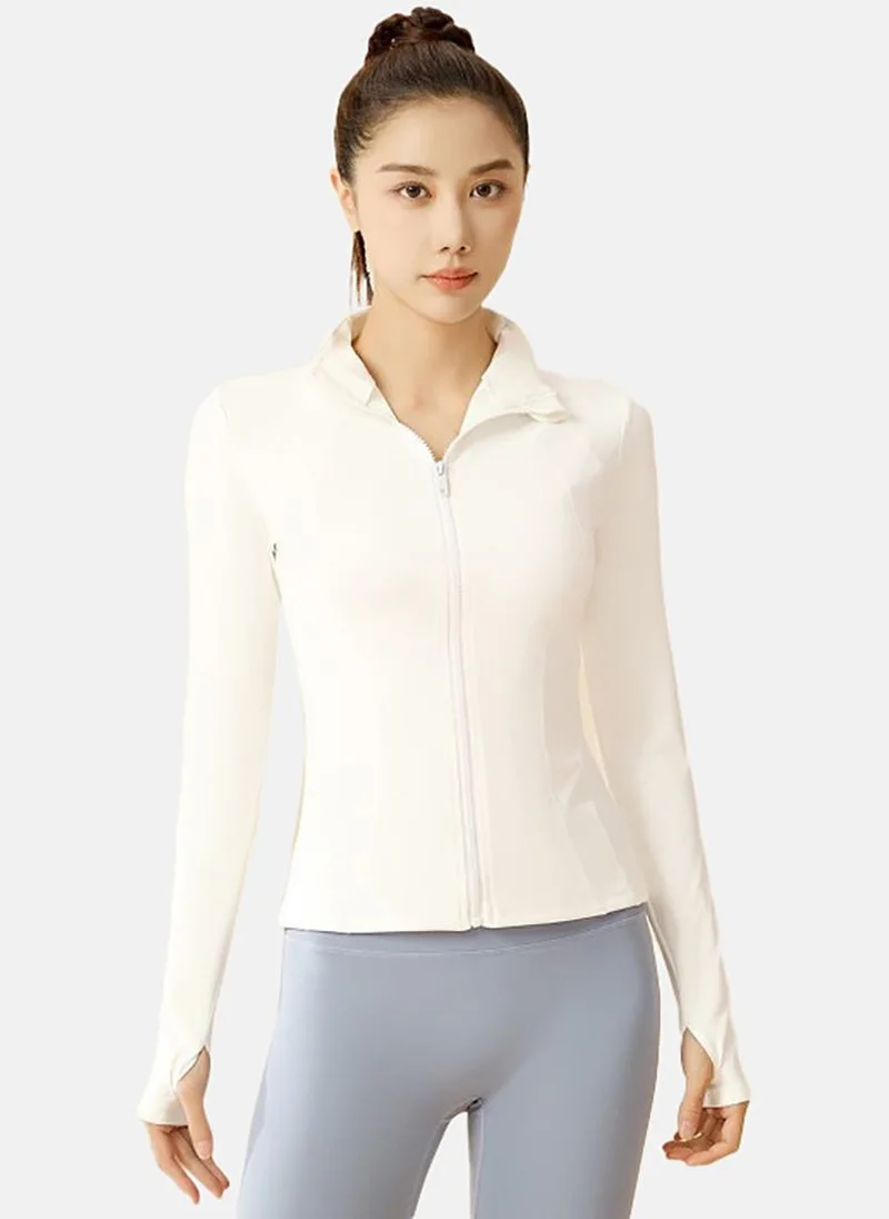 YUNIQEE White Solid Slim Fit High Neck Jacket
