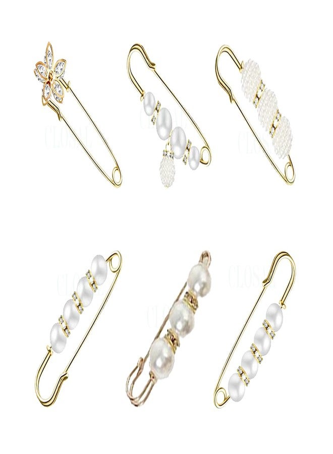 CLOSAL® 6 PCS Pearl Safety Pin Brooch, Fashion Faux Pearl Pins, Neckline Artificial Pearls White Safety Brooch for Women & Girls - Image 1