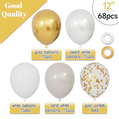 KUULBELA 68Pcs Sand White Gold Confetti Balloons Kit 12 Inch Ballons Beige Pearl White Balloon Gold Party Balloons with Ribbons for Birthday Wedding engagement Baby Shower Graduation Decorations - Image 5