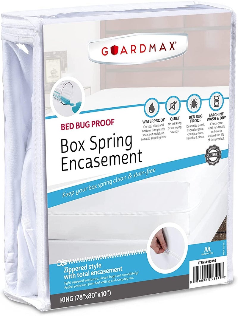 Guardmax Premium Box Spring Cover King Size Waterproof and Bed Bug Proof Zippered Box Spring Encasement 6 Side Absorbent Boxspring Protects Against Bed Bugs Dust Mites Dirt Spills and Stains