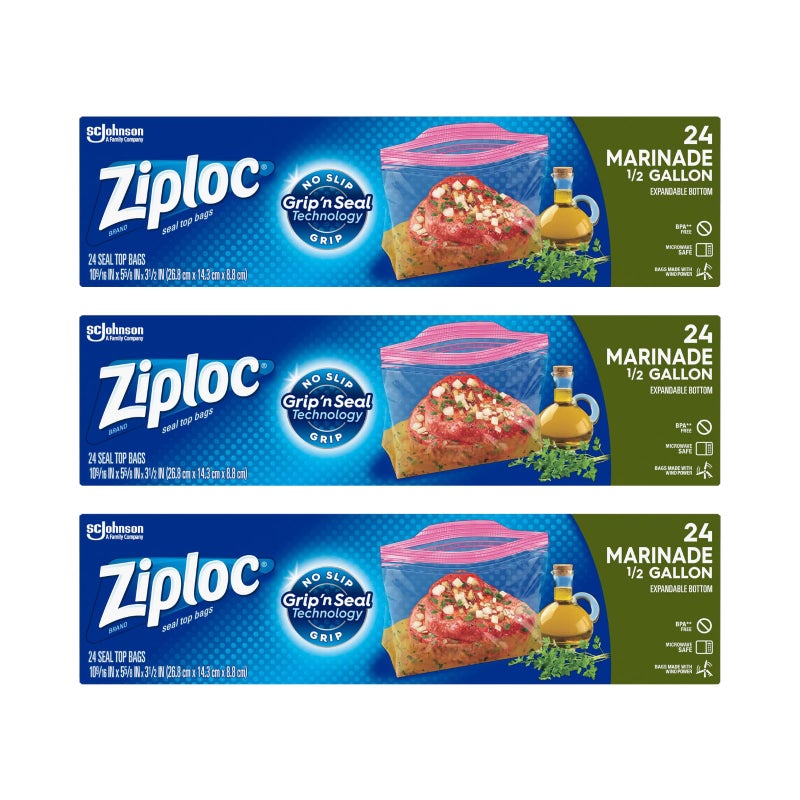 Ziploc Ziploc Half Gallon Marinade Food Storage Bags for Meal Prep Grip n Seal Technology for Easier Grip Open and Close 24 Count Pack of 3 72 total Bags
