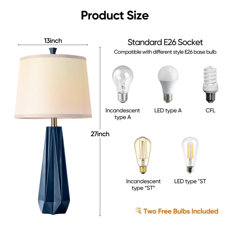 WIHTU 3 Color Temperature Table Lamps Set of 2, 27'' Navy Blue Modern Table Lamp for Living Room, Beside Lamp with Linen Shade, Resin Desk Lamp for Nightstands Bedroom Office Decor (2 Bulbs Included) - Image 5