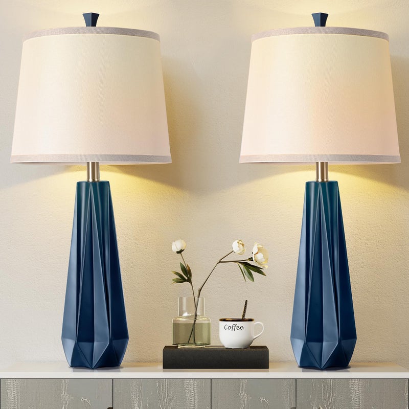WIHTU 3 Color Temperature Table Lamps Set of 2, 27'' Navy Blue Modern Table Lamp for Living Room, Beside Lamp with Linen Shade, Resin Desk Lamp for Nightstands Bedroom Office Decor (2 Bulbs Included) - Image 1