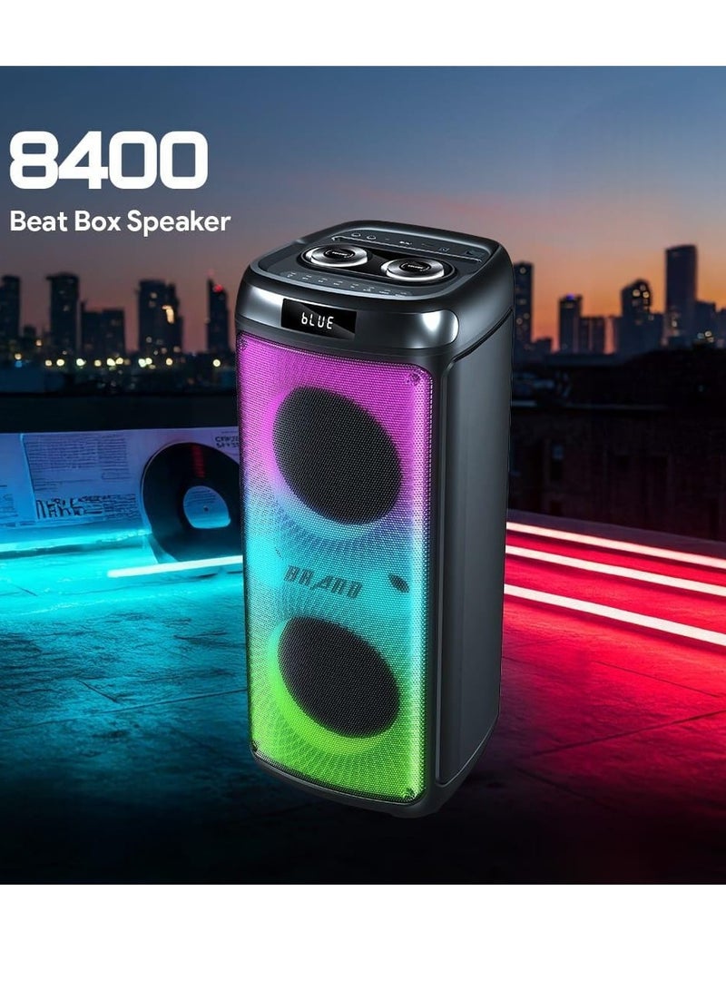 8400 beatbox DJ speaker with built-in sound system, battery, Bluetooth technology, memory card slot, USB port, microphone port, with microphone, with RGB lighting, black