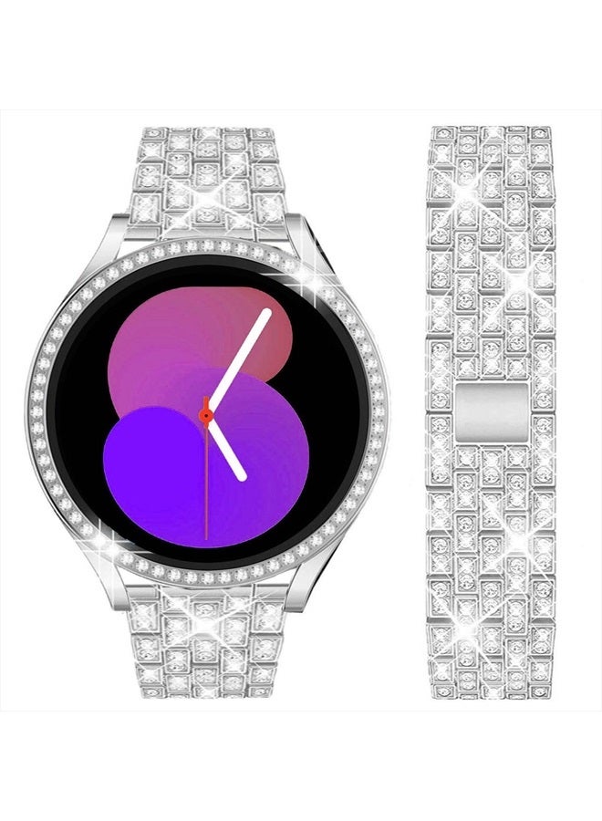 DEALELE Bands Compatible with Samsung Galaxy Watch FE / 5/4 40mm, 20mm Bling Rhinestone Diamond Metal Strap with Protective Case Replacement Bracelet and Watch Cover for Women Men (40mm, Silver) - Image 1