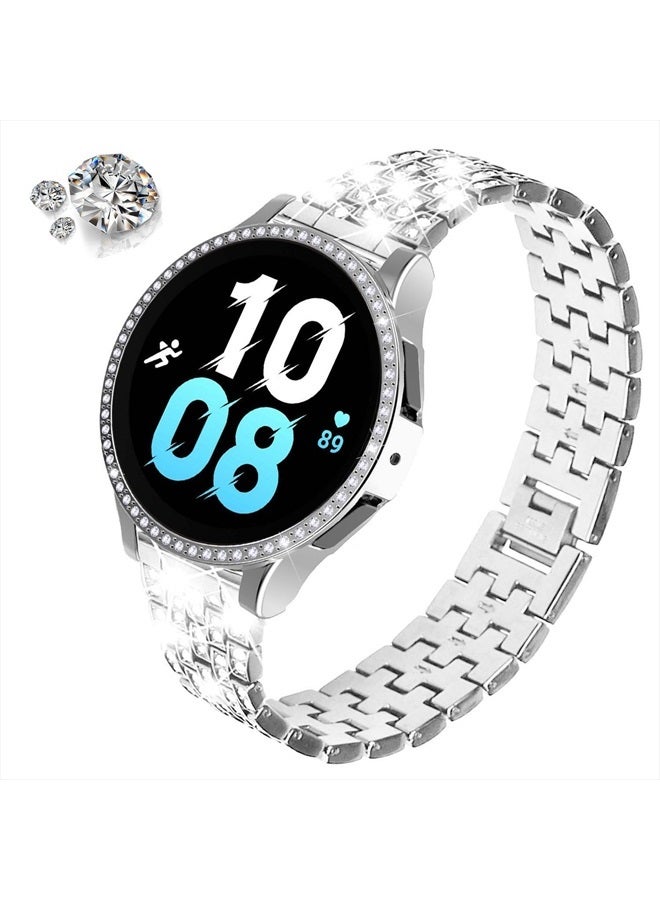 DEALELE Bands Compatible with Samsung Galaxy Watch FE / 5/4 40mm, 20mm Bling Rhinestone Diamond Metal Strap with Protective Case Replacement Bracelet and Watch Cover for Women Men (40mm, Silver) - Image 2