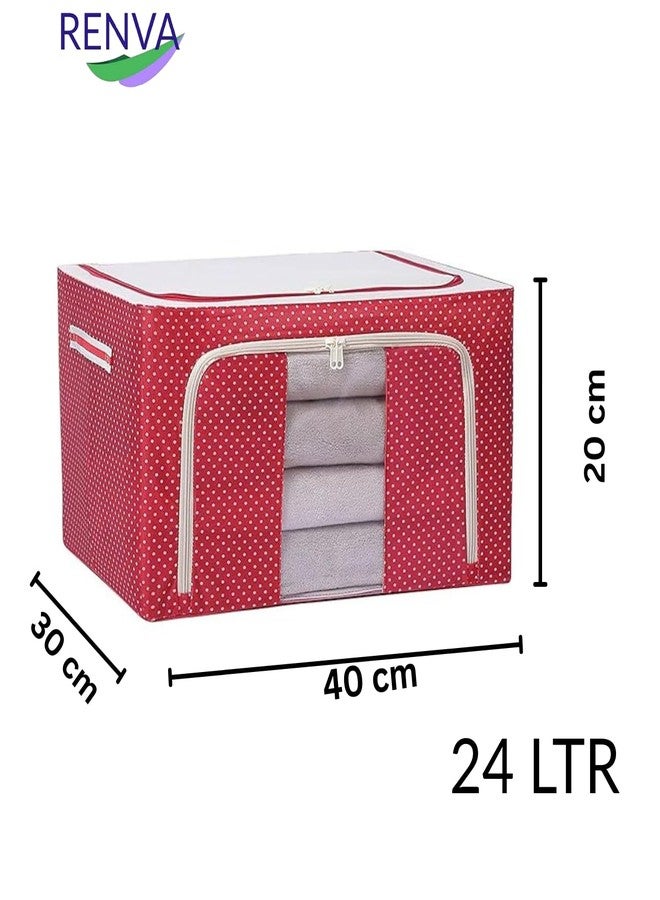 RENVA 3PCS polycotton Clothes Storage Organizer Bins, Foldable Storage Bins-Cloth Steel Frame Storage Box with Foldable Clear Window & Reinforced Handles (Red, 24L-3) - Image 2