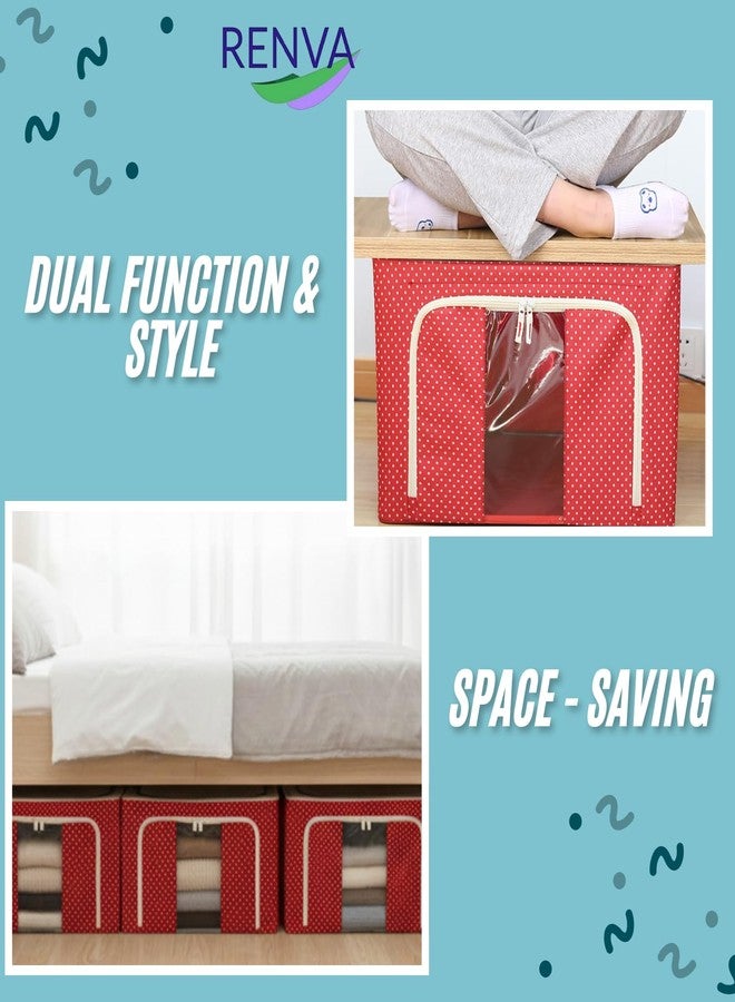 RENVA 3PCS polycotton Clothes Storage Organizer Bins, Foldable Storage Bins-Cloth Steel Frame Storage Box with Foldable Clear Window & Reinforced Handles (Red, 24L-3) - Image 4
