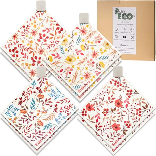 Eulnars Swedish Dishcloths for Kitchen, 8 Pack Watercolor Reusable Paper Towels with Clips, Non-Scratch Swedish Kitchen Towels, Super Absorbent Cellulose Sponge Cloths, Dishwasher Safe, No Odor - Image 1