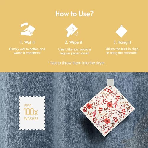 Eulnars Swedish Dishcloths for Kitchen, 8 Pack Watercolor Reusable Paper Towels with Clips, Non-Scratch Swedish Kitchen Towels, Super Absorbent Cellulose Sponge Cloths, Dishwasher Safe, No Odor - Image 5