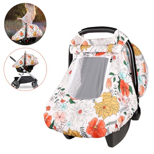 Pea Pod Baby Carseat Cover Girls Pea Pod Infant Car Seat Covers Canopy for Newborn with 2 Layers Windows of Breathable MeshFabric Lightweight PolyesterMinky Dot Backing Snug Fit Most Baby Car Seat - Image 3