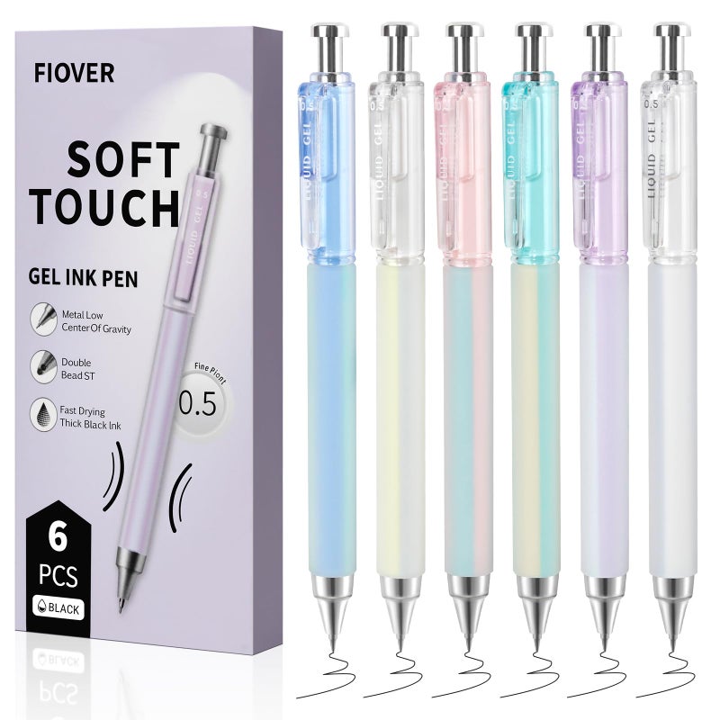 FIOVER Gel Pens, 6 Pcs 0.5mm Quick Dry Black Ink Pens, Fine Point Smooth Writing Pens, Retractable with Silicone Grip, High-End Cute Aesthetic Office School Supplies, Gifts for Women Men (6pcs black) - Image 1