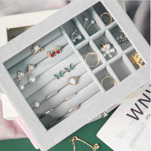 BucketList Women's Velvet Glass Ring Earrings Jewelry Box - Display Storage Showcase Holder Organizer (24 Grid Jewellery Box Grey) - Image 4