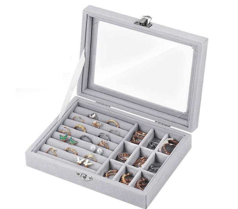 BucketList Women's Velvet Glass Ring Earrings Jewelry Box - Display Storage Showcase Holder Organizer (24 Grid Jewellery Box Grey) - Image 1