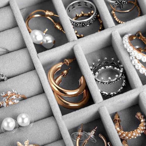 BucketList Women's Velvet Glass Ring Earrings Jewelry Box - Display Storage Showcase Holder Organizer (24 Grid Jewellery Box Grey) - Image 5