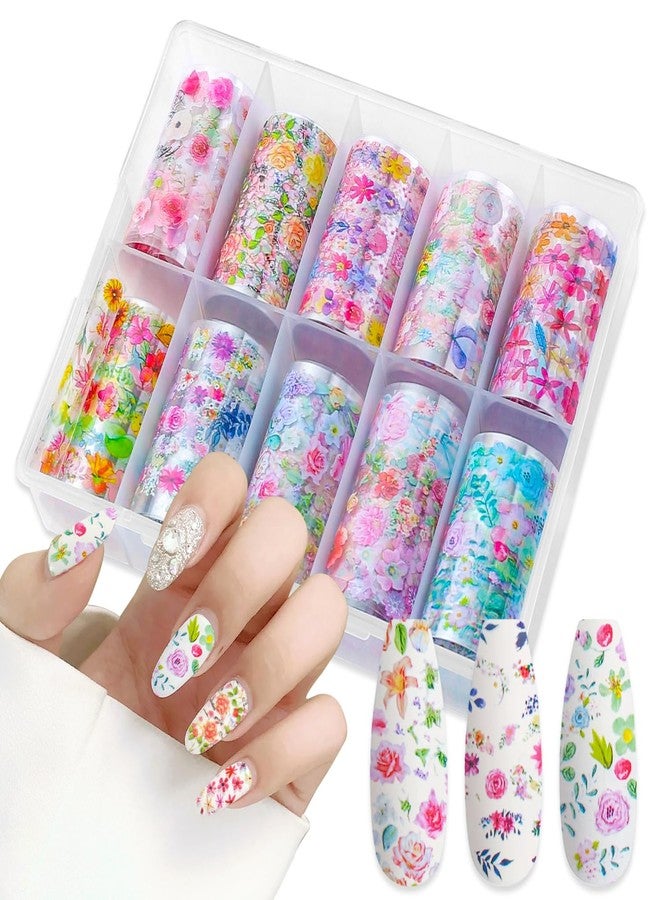 JERCLITY 10 Rolls Spring Flowers Nail Foil Transfer Sticker Kit Nail Foil Sheets Foil Nail Art Decals Flower Nail Foil Transfer Stickers Foil Nail Wraps for Foil Nail Art(Flower-2) - Image 1