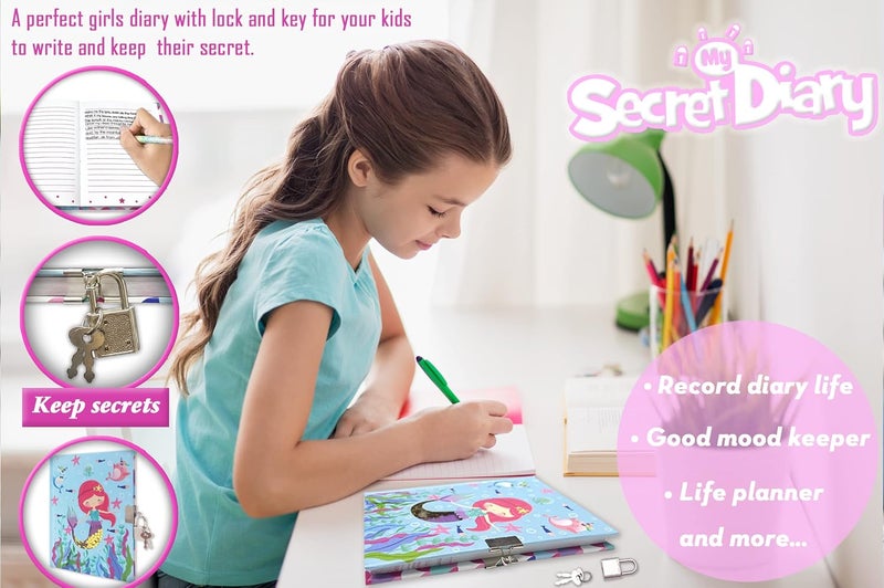 GINMLYDA Girls Diary with Lock for Kids, Mermaid Diaries 7.1x5.3 160 Pages Cute Girl Journal Secret Notebook with Lock and Key for Little Kid Writing Drawing Gift for Pre school Age 6,8,12 - Image 5