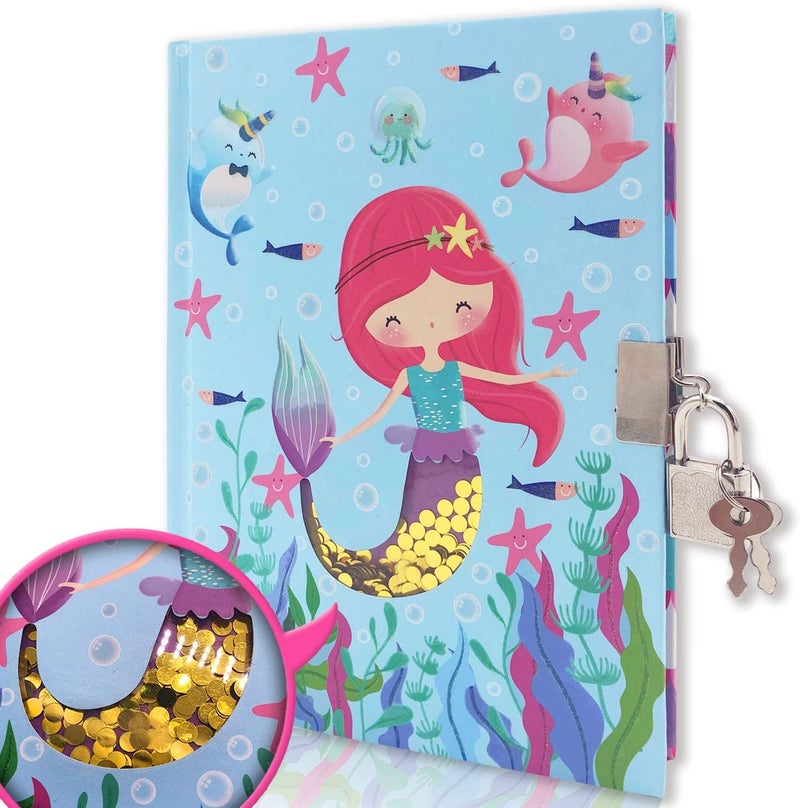 GINMLYDA Girls Diary with Lock for Kids, Mermaid Diaries 7.1x5.3 160 Pages Cute Girl Journal Secret Notebook with Lock and Key for Little Kid Writing Drawing Gift for Pre school Age 6,8,12 - Image 1