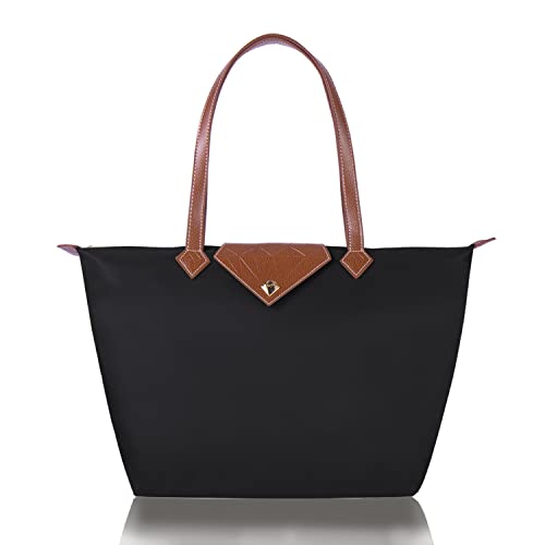 BOJLY Women Tote Bag,Stylish Waterproof Nylon Ladies Shoulder Bag, Folding Beach Travel Bag for Work,Shopping, Black Large - Image 1