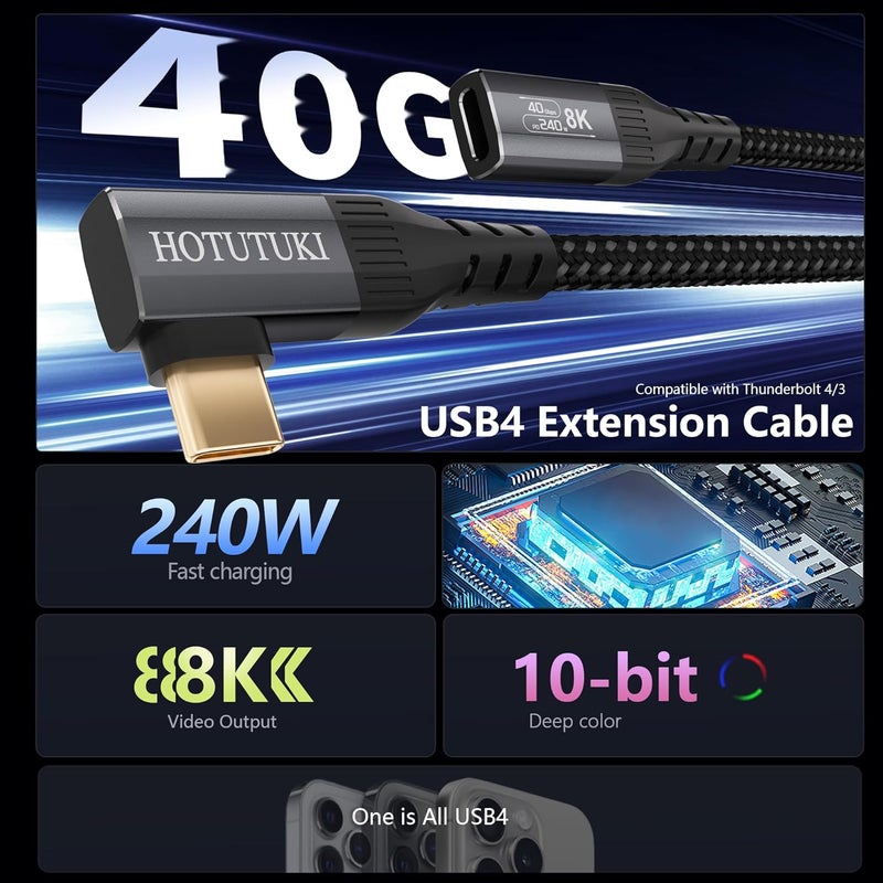 كابل تمديد USB-C بزاوية قائمة 2 قدم - متوافق مع Thunderbolt 4 و USB4، نقل بيانات بسرعة 40 جيجابت في الثانية، عرض فيديو بدقة 8K، توصيل طاقة بقدرة 240 واط، كابل تمديد قصير USB-C بزاوية 90 درجة من ذكر إلى أنثى - Image 3