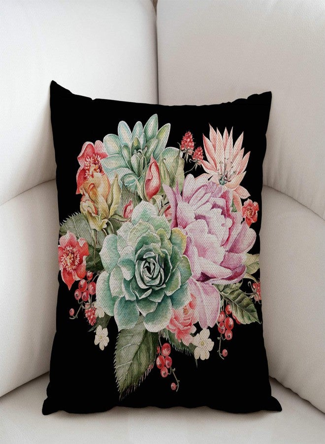Swono Watercolor Vintage Rose Decorative Throw Pillow Cover Case, Peony Succulents Cotton Linen Outdoor Pillow Cases Square Standard Cushion Covers for Sofa Couch Bed Car 18x18 inch - Image 2