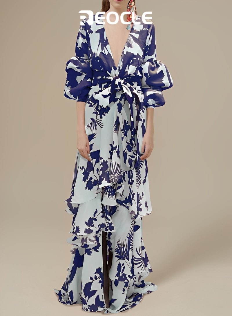 Women's Long Sleeve Dress Casual Chiffon Dress Loose Plus Size Long Sleeve Stretch Deep V Neck Irregular Bohemian Long Dress for Women