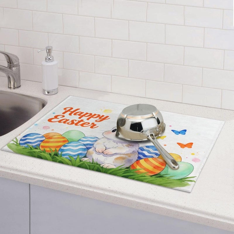 Vodbne Easter Bunny Dish Drying Mat, for Kitchen Counter Microfiber Absorbent Easter Eggs Dish Draining Reusable Washable Extra Large 18"x24" - Image 4