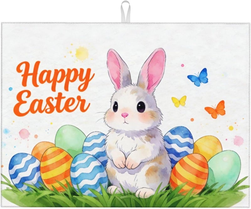 Vodbne Easter Bunny Dish Drying Mat, for Kitchen Counter Microfiber Absorbent Easter Eggs Dish Draining Reusable Washable Extra Large 18"x24" - Image 1