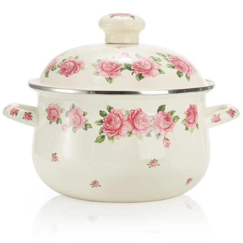 SOUJOY Enamel Stockpot with Lid, 2.8 Quart Retro Cooking Pot, Vintage Floral Stew Bean Simmer Pot with Handle, Kitchen Soup Pot, Safe for Induction Cookers, Gas Stove - Image 1