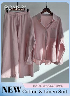 roaiss Ladies 2 Piece Set New Trend Fashion Classic Solid Color Cotton Linen Shirt Suit Summer Spring Plus Size Clothes for Women Breathable and Cool Long-Sleeve Lapel Shirt Loose Pants  - Image 1