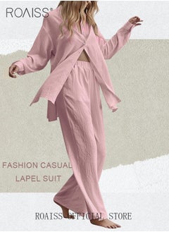 roaiss Ladies 2 Piece Set New Trend Fashion Classic Solid Color Cotton Linen Shirt Suit Summer Spring Plus Size Clothes for Women Breathable and Cool Long-Sleeve Lapel Shirt Loose Pants  - Image 3