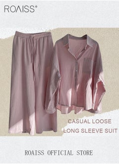 roaiss Ladies 2 Piece Set New Trend Fashion Classic Solid Color Cotton Linen Shirt Suit Summer Spring Plus Size Clothes for Women Breathable and Cool Long-Sleeve Lapel Shirt Loose Pants  - Image 4