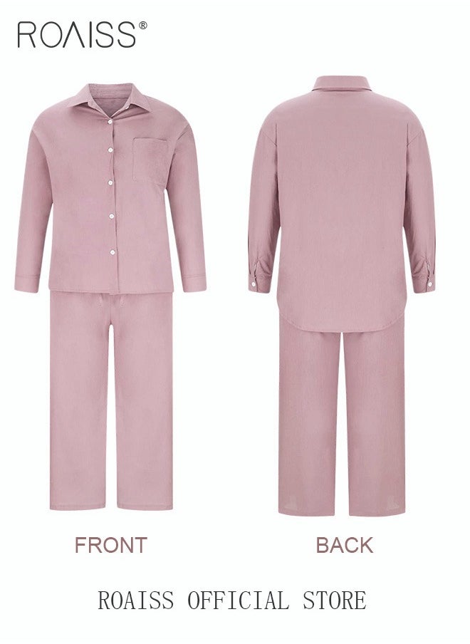 roaiss - Ladies 2 Piece Set New Trend Fashion Classic Solid Color Cotton Linen Shirt Suit Summer Spring Plus Size Clothes for Women Breathable and Cool Long-Sleeve Lapel Shirt Loose Pants - Image 1