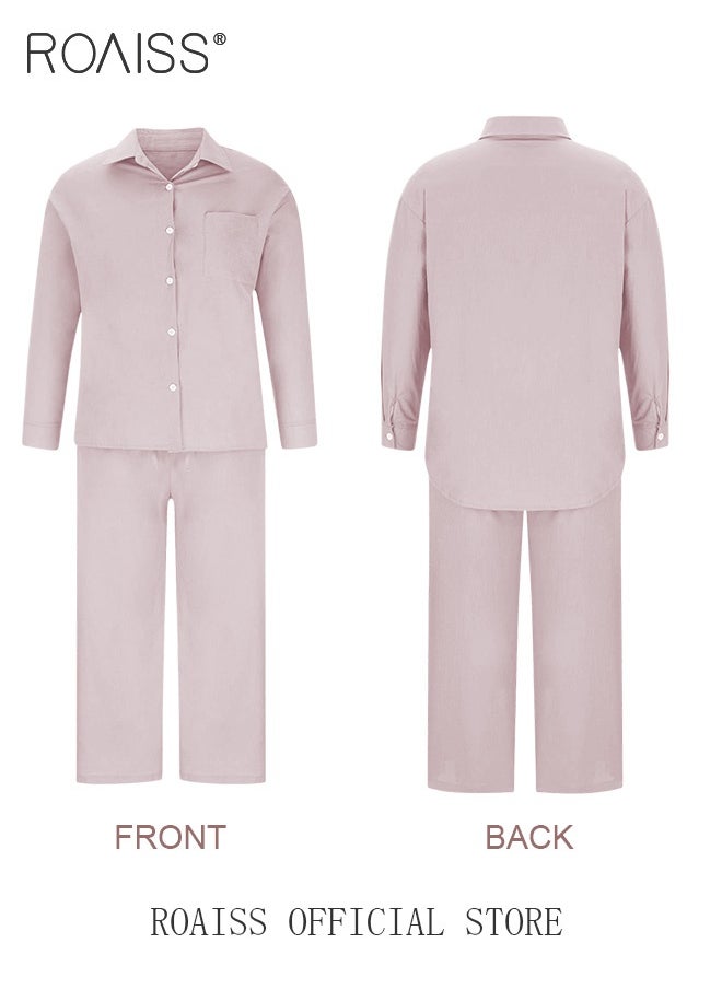 roaiss Ladies 2 Piece Set New Trend Fashion Classic Solid Color Cotton Linen Shirt Suit Summer Spring Plus Size Clothes for Women Breathable and Cool Long-Sleeve Lapel Shirt Loose Pants  - Image 2