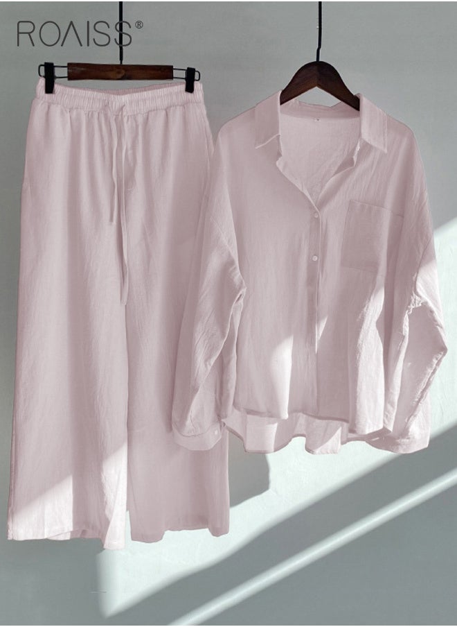 roaiss Ladies 2 Piece Set New Trend Fashion Classic Solid Color Cotton Linen Shirt Suit Summer Spring Plus Size Clothes for Women Breathable and Cool Long-Sleeve Lapel Shirt Loose Pants  - Image 1