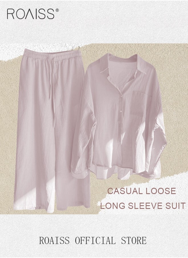 roaiss Ladies 2 Piece Set New Trend Fashion Classic Solid Color Cotton Linen Shirt Suit Summer Spring Plus Size Clothes for Women Breathable and Cool Long-Sleeve Lapel Shirt Loose Pants  - Image 4