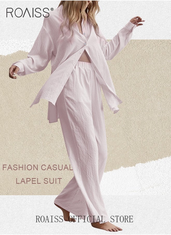 roaiss Ladies 2 Piece Set New Trend Fashion Classic Solid Color Cotton Linen Shirt Suit Summer Spring Plus Size Clothes for Women Breathable and Cool Long-Sleeve Lapel Shirt Loose Pants  - Image 3