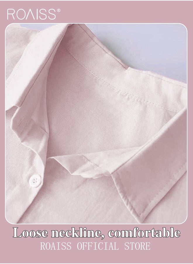 roaiss Ladies 2 Piece Set New Trend Fashion Classic Solid Color Cotton Linen Shirt Suit Summer Spring Plus Size Clothes for Women Breathable and Cool Long-Sleeve Lapel Shirt Loose Pants  - Image 5