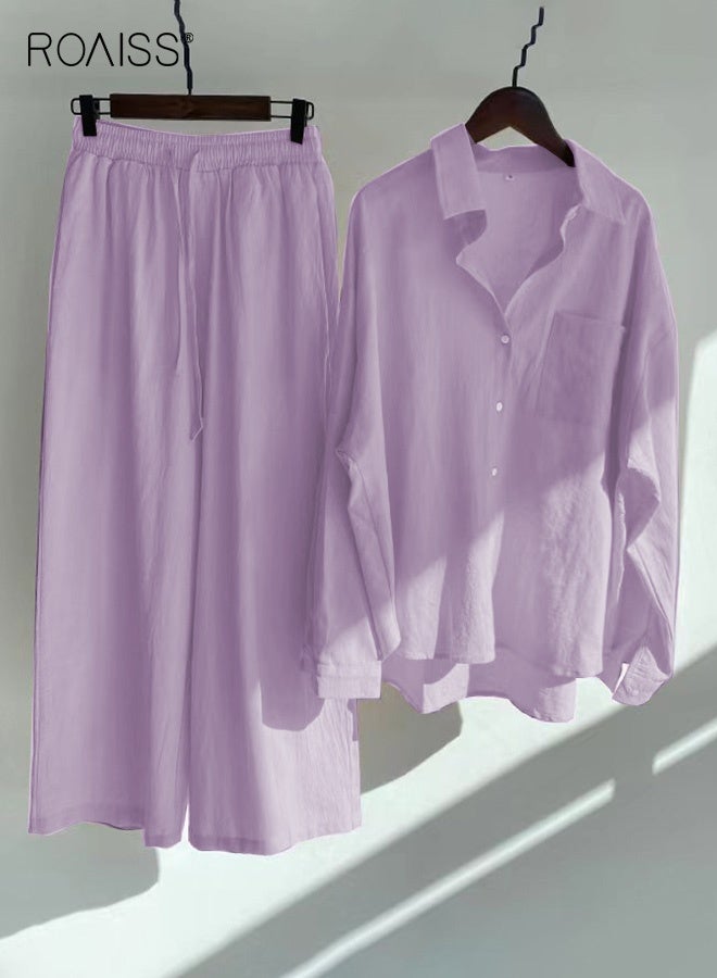 رويس طقم سيدات مكون من قطعتين موضة جديدة موضة كلاسيكية كلاسيكية كلاسيكية كلاسيكية بلون القطن الكتان قميص قطن سادة صيفي ربيعي، ملابس نسائية بأكمام طويلة مسامية ورائعة قميص بأكمام طويلة وبنطال فضفاض - Image 1