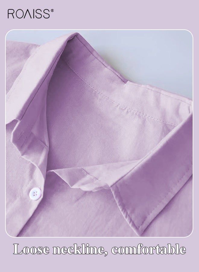 رويس طقم سيدات مكون من قطعتين موضة جديدة موضة كلاسيكية كلاسيكية كلاسيكية كلاسيكية بلون القطن الكتان قميص قطن سادة صيفي ربيعي، ملابس نسائية بأكمام طويلة مسامية ورائعة قميص بأكمام طويلة وبنطال فضفاض - Image 5