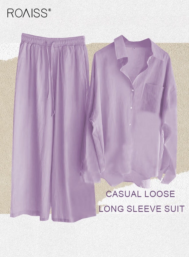 رويس طقم سيدات مكون من قطعتين موضة جديدة موضة كلاسيكية كلاسيكية كلاسيكية كلاسيكية بلون القطن الكتان قميص قطن سادة صيفي ربيعي، ملابس نسائية بأكمام طويلة مسامية ورائعة قميص بأكمام طويلة وبنطال فضفاض - Image 3